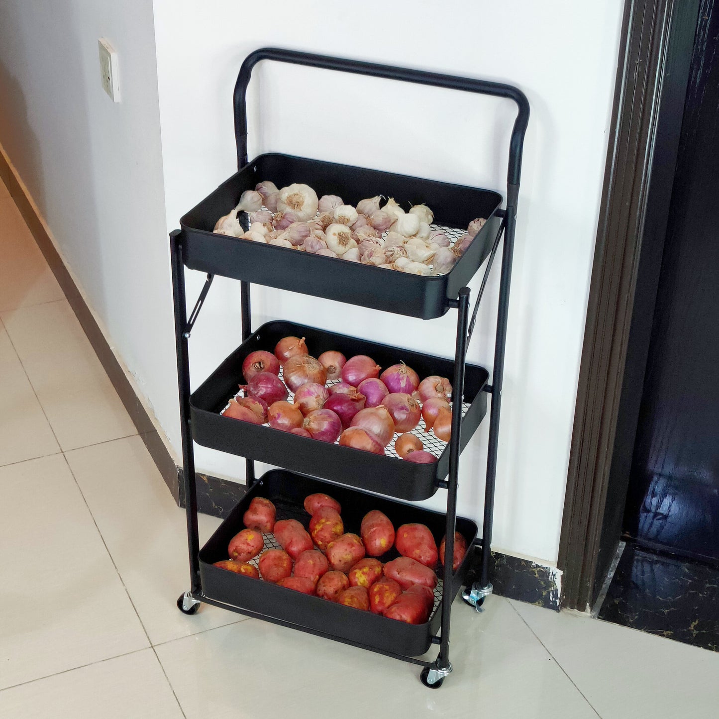 3-Tier Foldable Trolley Organizer With Wheels, Available in white and Black color