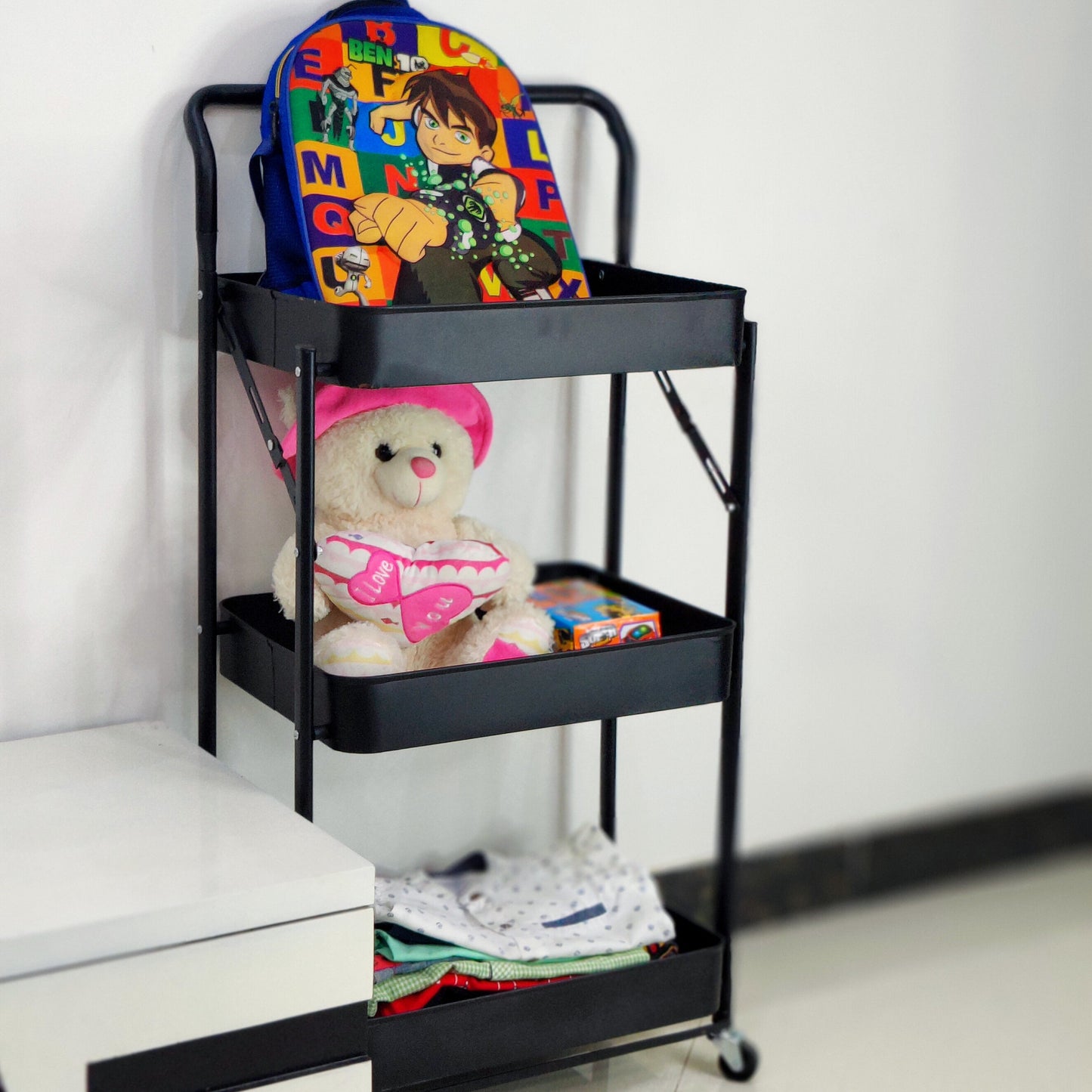 3-Tier Foldable Trolley Organizer With Wheels, Available in white and Black color