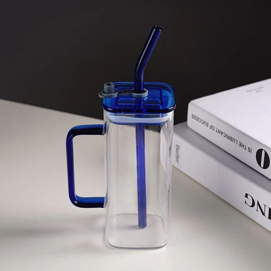 Premium 400ml Square Shape Glass Material Mug with Plastic LID and Glass Straw (with Box Packing)