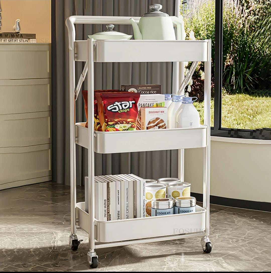 3-Tier Foldable Trolley Organizer With Wheels, Available in white and Black color