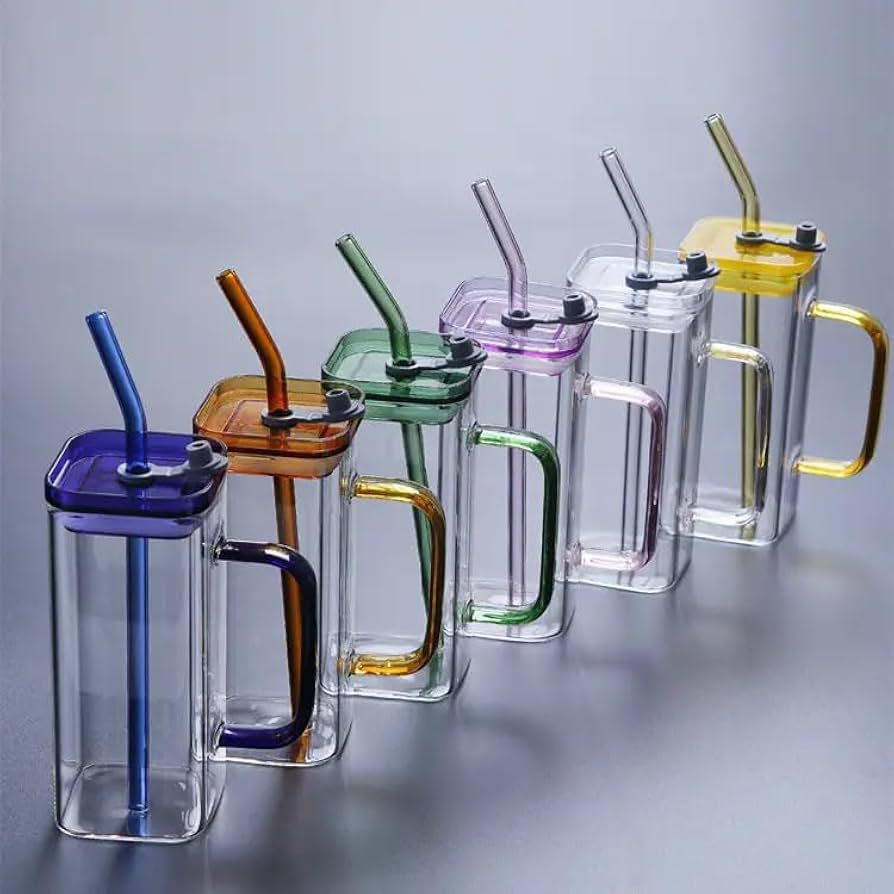 Premium 400ml Square Shape Glass Material Mug with Plastic LID and Glass Straw (with Box Packing)