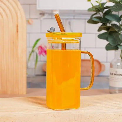 Premium 400ml Square Shape Glass Material Mug with Plastic LID and Glass Straw (with Box Packing)
