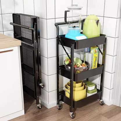3-Tier Foldable Trolley Organizer With Wheels, Available in white and Black color