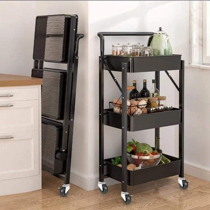 3-Tier Foldable Trolley Organizer With Wheels, Available in white and Black color